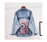 Damen Zerrissene Jeansjacke - Bohemian Blumenstickerei Fashion Streetwear Jeans Outwear Für Damen, Pailletten Applikationen Langarm Damen Herbst Cowboy Tops Mantel S - XL,Blau,S