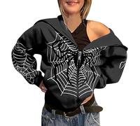 Damen Zip Up Oversized Hoodie Große Spinnennetz Print Muster Y2K Hoodie Gothic Punk Jacke Sweatshirt Halloween Oversized Kapuzenpullover Damen Oberteile Übergröße Pullover Teenager Mädchen Streetwear