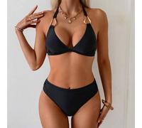 Damen Zweiteiler Einfarbig Schlankheits-Bikini mit Halsband, Metallring und hoher Taille, elegant für Strand, Urlaub, Party, Valentinstag