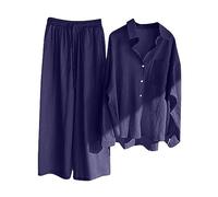 Damen Zweiteiler Elegant Musselin Bluse Hemd und Lang Leinen Hose Sets Clothes Aesthetic Zweiteiler Lounge Set Strand Outfit Sommer Set Two Piece Set Freizeit Loose Women Große Größe Hosenanzüge