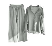Damen Zweiteiler Elegant Musselin Bluse Hemd und Lang Leinen Hose Sets Clothes Aesthetic Zweiteiler Lounge Set Strand Outfit Sommer Satz Two Piece Set Casual Loose Women Große Größe Hosenanzüge
