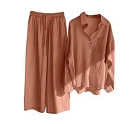 Damen Zweiteiler Elegant Musselin Bluse Hemd und Lang Leinen Hose Sets Clothes Aesthetic Zweiteiler Lounge Set Strand Outfit Sommer Set Two Piece Set Freizeit Loose Women Große Größe Hosenanzüge