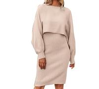 Damen Zweiteiliger Anzug Set, Strickkleid Winter Langärm Pullover Und Knielang Rock Warm 2 Stück Set Midikleid Pulloverkleid Sweater Einfarbig Pullikleid Gestrickt Kleid Set Winterkleid