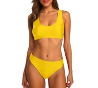 Damen Zweiteiliger Bikini Set Sportlicher Badeanzug mit Bauchfreiem Top Hoher Taillenunterwäsche Strandmode Push Up Strandbikini Triangel Breites Swimsuit Einfarbig Elegant Beachwear