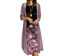 Damen Zweiteiliger Kleid mit Chiffon Cardigan Set Sommerkleid Elegant Ärmellos Maxikleid Blumen Drucken Lange Vintage Kleider Festlich Elegant Locker Freizeitkleid Partykleid Abendkleid