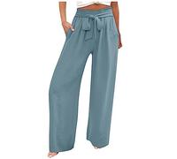 Damenbekleidung Sale, Hosenrock Damen Sommer Freizeithose Damen Lang Einfarbig Palazzo Hose Mit Kordelzug Straight High Waist Bein Hose Casual Leicht Strumpfhosen Damen Trainingshose (Hellblau,XL)