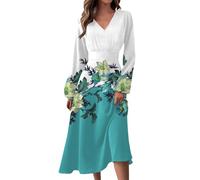 Damenbekleidung Sale Midi Kleid Damen Sommer Damen Herbst Langes Kleid Vintage Blumendruck V-Ausschnitt Lange Ärmel Kleid Pareos & Strandkleider Für Damen Sexy Kleid Damen Sommerkleider,Royal Blue,XXL