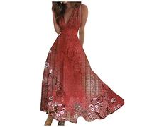 Damenbekleidung Sale Sommerkleid Damen Leicht Blumendruck Tiefer V-Ausschnitt Ärmellos Maxikleid Sommerkleider Damen Leicht Und Luftig Kleid Damen Sommer Kleider Damen Sommer Lang,Wassermelonenrot,M