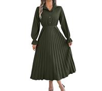 Damenbekleidung Sale, Sommerkleider Damen Knielang Sommerkleid Einfarbig Stehkragen Herbst Lange Ärmel Plissee Kleid Elegant Partykleid Kleid Hochzeitsgast Damen Dresses For Women(Army Green,S)