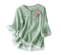 Damenbluse aus Baumwollleinen, Vintage-Stil, chinesischer Froschknopf, Blumenstickerei, Retro, asymmetrisch, Tunika, 3/4-Ärmel, Oberteil für Sommer, lässig, Alltag, Urlaub, Übergröße, grün, 4XL