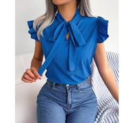 Damenbluse Blau Sommer Chiffon XL Schlank Fit Schleifenband Rüsche Ärmel