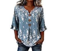 Damenbluse größe 36 in weiß mit Langarm Bluse Sommer 3/4 Ärmel Rüschen Shirt Blumenmuster Druck Boho Blusenshirt Casual Langarm Oberteile Baggy Henley Hemdbluse weisses t Shirt Damen elegant Rundhals