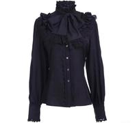 Damenbluse im viktorianischen Stil mit nicht dehnbarem Stoff, lange Ärmel, Rollkragen und Lotus-Rüschen, für Gothic-Lolita-Looks (M, Schwarz)