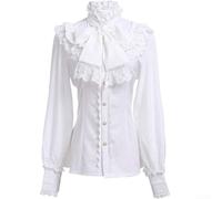 Damenbluse im viktorianischen Stil mit nicht dehnbarem Stoff, lange Ärmel, Rollkragen und Lotus-Rüsche, für Gothic-Lolita-Looks (L Weiß)