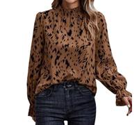 Damenbluse mit Leopardenmuster, elegantes Langarm-Oberteil mit Stehkragen und Rüschenbesatz, lässiges Tunika-Hemd für Business, Arbeit, Büro, elegante Tops, Frühling, Herbst, Mode, dunkelbraun, XXL