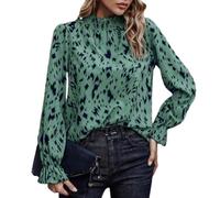Damenbluse mit Leopardenmuster, elegantes Langarm-Oberteil mit Stehkragen und Rüschenbesatz, lässiges Tunika-Hemd für Business, Arbeit, Büro, elegante Tops, Frühling, Herbst, Mode, grün, XXL