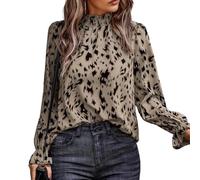 Damenbluse mit Leopardenmuster, elegantes Langarm-Oberteil mit Stehkragen und Rüschenbesatz, lässiges Tunika-Hemd für Business, Arbeit, Büro, elegante Tops, Frühling, Herbst, Mode, khaki, L