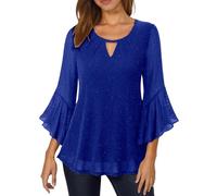 Damenblusen 3/4 Arm Elegant V-Ausschnitt Tunika mit Rüschenärmel Glitzer Festliche Oberteile für Alltags- und Party