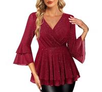 Damenblusen 3/4 Arm Elegant V-Ausschnitt Tunika mit Rüschenärmel Glitzer Festliche Oberteile für Alltags Party Langarm T-Shirt Bluse Cap Ärmel Freizeit Tunika Disco Festival 70er Jahre Oberteil