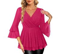 Damenblusen 3/4 Arm Elegant V-Ausschnitt Tunika mit Rüschenärmel Glitzer Festliche Oberteile für Alltags Party Langarm T-Shirt Bluse Cap Ärmel Freizeit Tunika Disco Festival 70er Jahre Oberteil