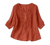 Damenblusen Langarm Lässiges Damen-Top Baumwolle Und Leinen In Unifarbe Mit Falten Dreiviertelärmeln Damen Oberteile Sommer Satin Bluse Kurzarm Tunika Ausgefallene Tshirts T-Shirt Große Größen Orange