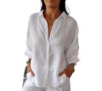 Damenhemd aus Baumwolle und Leinen mit Raffhalter-Design, plissierte Ärmel, Revers, Baumwollbluse, Rücken-Knoten-Langarm-Shirt, weiß, XXL