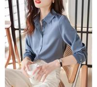 Damenhemd, für französischen Stil, langärmelig, Satin-Bluse, formell, elegant, lockerer Schnitt, knitterfreies Hemd, High-End-Frühlings-Herbst-Profi-Top (L grau blau)