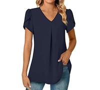 Damenhemd, schick und elegant, kurze Ärmel, Chiffon, Damen, Sommer, fließend, locker, Tunika, Bluse, Damen, V-Ausschnitt, T-Shirt, einfarbig, Top, Damen, leicht, für Büro und Business, dunkelblau, 46