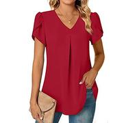Damenhemd, schick und elegant, kurze Ärmel, Chiffon, Damen, Sommer, fließend, locker, Tunika, Bluse, Damen, V-Ausschnitt, T-Shirt, einfarbig, Top, Damen, leicht, für Büro und Business, rot, 46