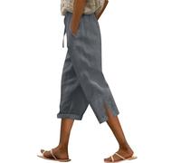 Damenhose aus Baumwolle, Leinen, 3/4, Sommer, lässig, leicht, Strandhose, kurvig, Übergröße, Hose aus Baumwolle und Leinen mit Jogging-Taschen, weich, locker, solider Trousers, grau, M
