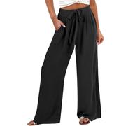 Damenhose aus Leinen, weites Bein, leger, locker, hohe Taille, Strandhose, Harenhose, Taschen, breite Beine, Schwarz , 52