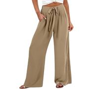 Damenhose aus Leinen, weites Bein, leger, lockere Passform, hohe Taille, Strandhose, Harenhose, Taschen, weite Beine, khaki, 3XL