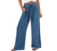 Damenhose aus Leinen, weites Bein, leger, lockere Passform, hohe Taille, Strandhose, Harenhose, Taschen, weite Beine, dunkelblau, 3XL
