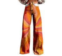 Damenhose, leger, Stretch, Freizeithose, weite Beinhose, Vintage-Blumendruck, hohe Taille, gerade Stretch-Hose mit Taschen, Freizeithose für Frauen für die Arbeit, sehr weich, gelb, XL