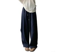 Damenhose mit hoher Taille, weitem Bein, einfarbig, lockere Ballon-Passform, Kordelzug-Hose für Sommer, Urlaub, Strand, Yoga, Urlaub, Freizeitkleidung, modischer Stil (L Marineblau)