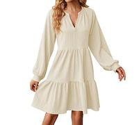 Damenkleid aus Baumwolle, einfarbig, V-Ausschnitt, langärmelig, lässig, Tunika, kurze Kleider, Damen, Sommerkleider, leger, beige, M
