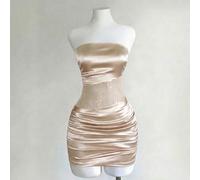 Damenkleid aus champagnerfarbenem Satin mit Spitzenbesatz an der Taille, luxuriöses, sexy, plissiertes, trägerloses, figurbetontes kurzes Kleid, Cut-O