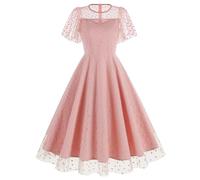 Damenkleid aus Netzstoff, Blumenstickerei, Vintage, Cocktailkleid, Swing-Kleid, Rüschenärmel, besticktes Blumenkleid für Damen, Tüll, Ballkleid, Pink Love Heart, XX-Large