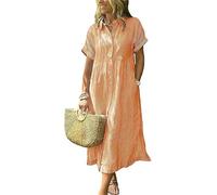 Damenkleid Boho gestreiftes Hemdkleid Button-Up Seitenschlitz lockeres mittellanges Baumwollkleid mit Taschen,Orange,3XL