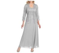 Damenkleid - Frauen Plus Größe Aushöhlen Spitze Patchwork Solide Lose Saum Casual Langes Kleid aus Chiffon Nähen Langärmelig in der langen zweiteiligen Kleid Set, silber, X-Large