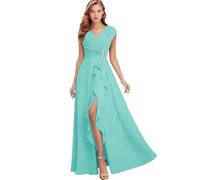 Damenkleid für die Brautmutter, Chiffon, Falten, V-Ausschnitt, Flügelärmel, lang, formell, Abendkleid, Hochzeitsgästekleid, türkis, 34