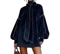 Damenkleid mit Fliege am Ausschnitt, Samtkleid, lange Laternenärmel, Stehkragen, Minikleid, Vintage-Rollkragen, solide, Western-Rüschen, marineblau, M