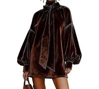 Damenkleid mit Fliege am Ausschnitt, Samtkleid, lange Laternenärmel, Stehkragen, Minikleid, Vintage-Rollkragen, solide, Western-Rüschen, dunkelbraun, XL