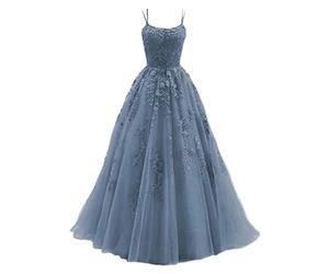 Damenkleider Festlich, Ballkleid Damen Aus TüLl Mit SpaghettiträGern Lange Spitzenapplikationen Brautkleider - A Linie Formelle Party Abendkleider Ballkleider Lang Cocktailkleid Brautjungfernkleid