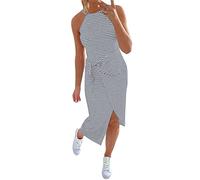 Damenkleider Herbst Langarm Frauen Sommer Freizeitkleid Neckholder Ärmelloses Kleid Gestreiftes Midikleid Wrap Taillen Elegantes Tankkleid