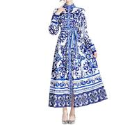 Damenkleider - Palast-Stil Retro Stehkragen Einreihiger Taillenbund Blau-Weißer Porzellandruck A-Linienrock Mit Gleichfarbigem Gürtel, Elegantes Hochtailliertes Big Swing Frühlings-/Herbs