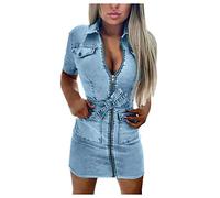 Damenkleider Party Elegant, Damen Plus Size Reißverschluss Casual V Ausschnitt Kurzarm Kleid Denim Faux Jeanskleid Kleid für Frauen Sommer (Blau S)
