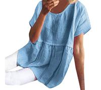 Damenkleider Party Elegant, Damenmode Kurzarm Einfarbig O-Ausschnitt Rund Casual Lose Leinenkleid Kleid für Frauen Sommer (Blau XXL)