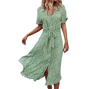 Damenkleider Sommer Lang Boho Kleid Kurzarm V Ausschnitt Strandkleid Damen Kurzarm Blumenkleid Maxikleid mit en Blumen Druck Lace Up Lässiges Swing Langes Kleider Festlich (02-Green, M)