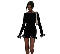 Damenkleider Women's Dresses Damen -Strick -Mini -Kleid Gekräuseltes Weibliches Kleid-Schwarzes Mini -Kleid-S